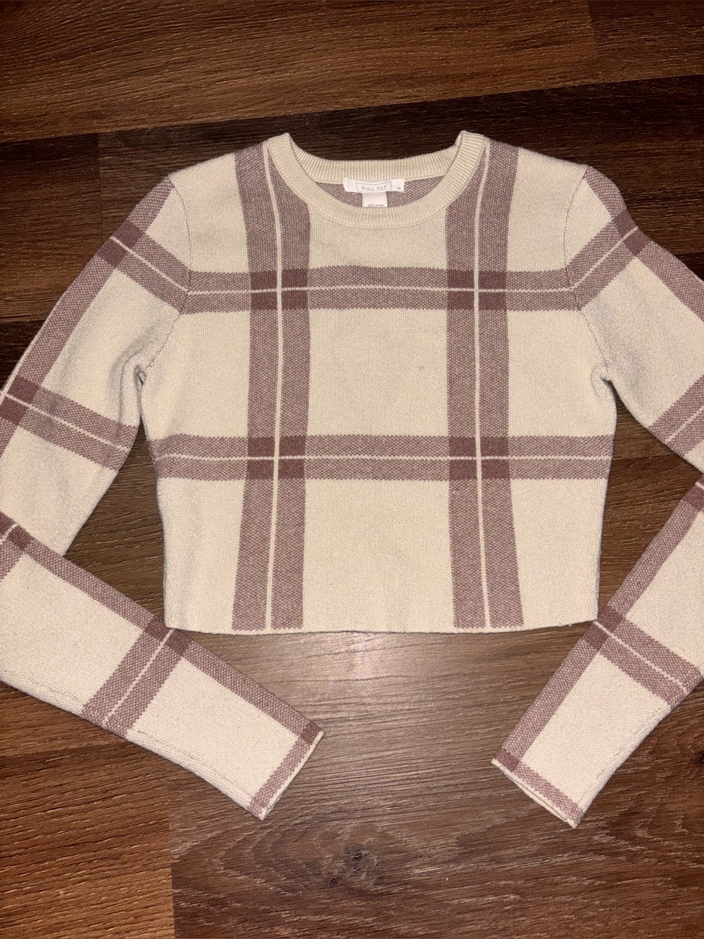 Full Tilt Cream and Mauve Plaid Cropped Crew Sweater
